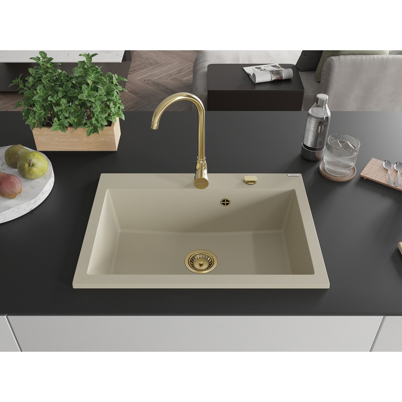 Mexen Elix zlewozmywak granitowy 1-komorowy 700 x 500 mm, beżowy, syfon złoty - 6526701005-69-G