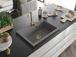 Mexen Elix granieten gootsteen 1-komorig 700 x 500 mm, grijs, gouden sifon - 6526701005-71-G