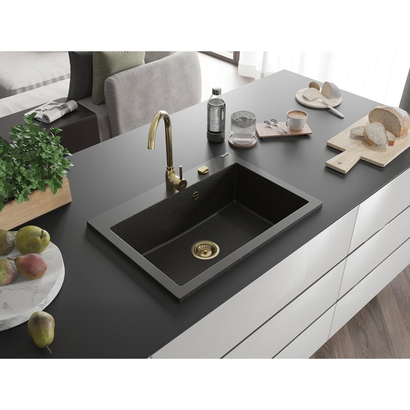 Mexen Elix fregadero de granito 1-cámara 700 x 500 mm, negro/dorado metálico, sifón dorado - 6526701005-75-G