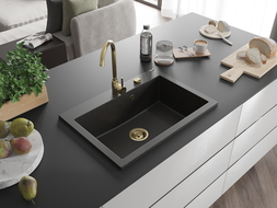 Mexen Elix granite sink 1-bowl 700 x 500 mm, black/gold metallic, gold siphon - 6526701005-75-G