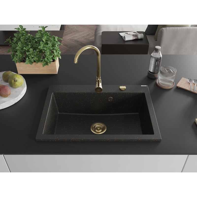 Mexen Elix fregadero de granito 1-cámara 700 x 500 mm, negro/dorado metálico, sifón dorado - 6526701005-75-G