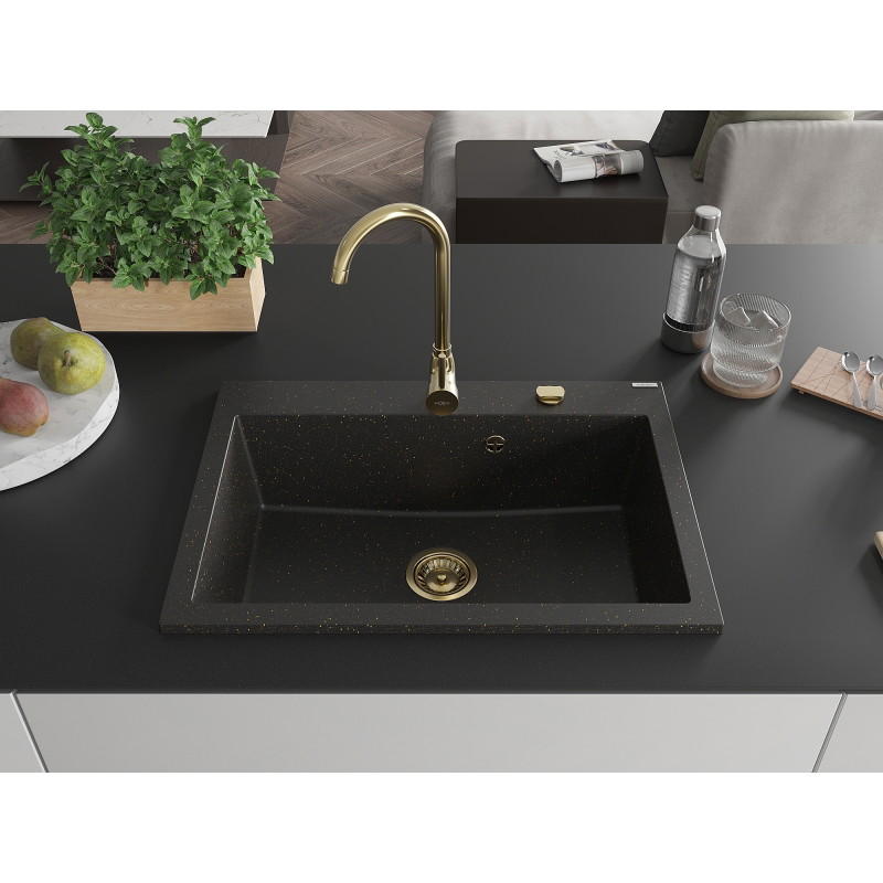 Mexen Elix granitni sudoper s jednom komorom 700 x 500 mm, crni/zlatni metalik, sifon zlatni - 6526701005-75-G