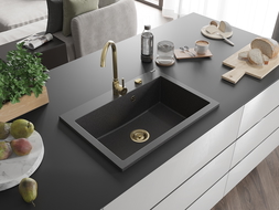 Mexen Elix granitā izlietne ar vienu nodalījumu 700 x 500 mm, melna ar punktiem, zelta sifons - 6526701005-76-G