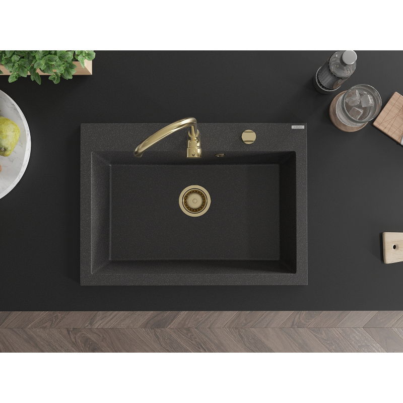 Mexen Elix granitdiskho med 1 fack 700 x 500 mm, svart med prickar, guld sifon - 6526701005-76-G