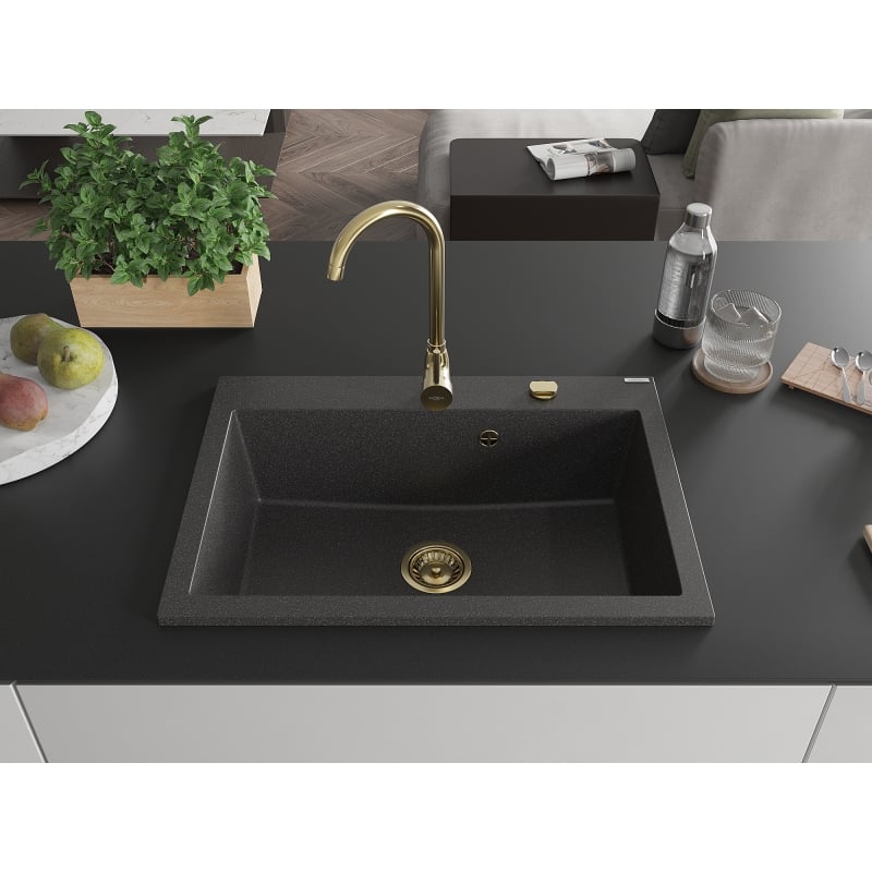 Mexen Elix granite sink 1-bowl 700 x 500 mm, black speckled, gold siphon - 6526701005-76-G