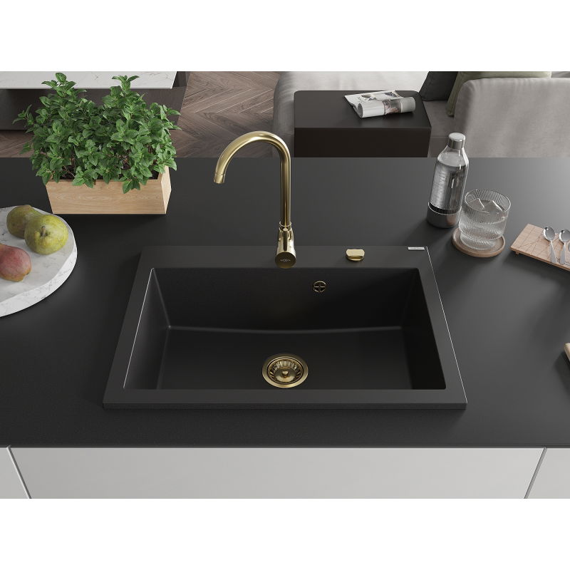 Mexen Elix fregadero de granito de 1 seno 700 x 500 mm, negro, sifón dorado - 6526701005-77-G