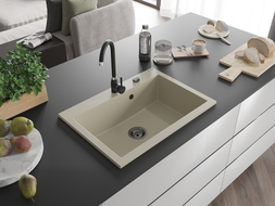 Mexen Elix granieten spoelbak 1-kommer 700 x 500 mm, beige, zwarte sifon - 6526701005-69-B