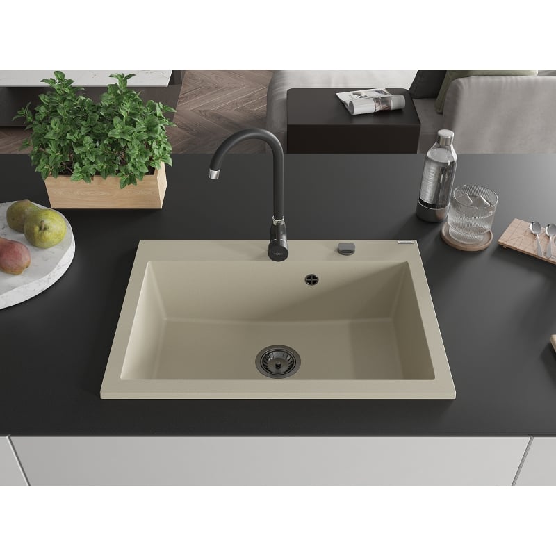 Mexen Elix fregadero de granito de 1 cubeta 700 x 500 mm, beige, sifón negro - 6526701005-69-B