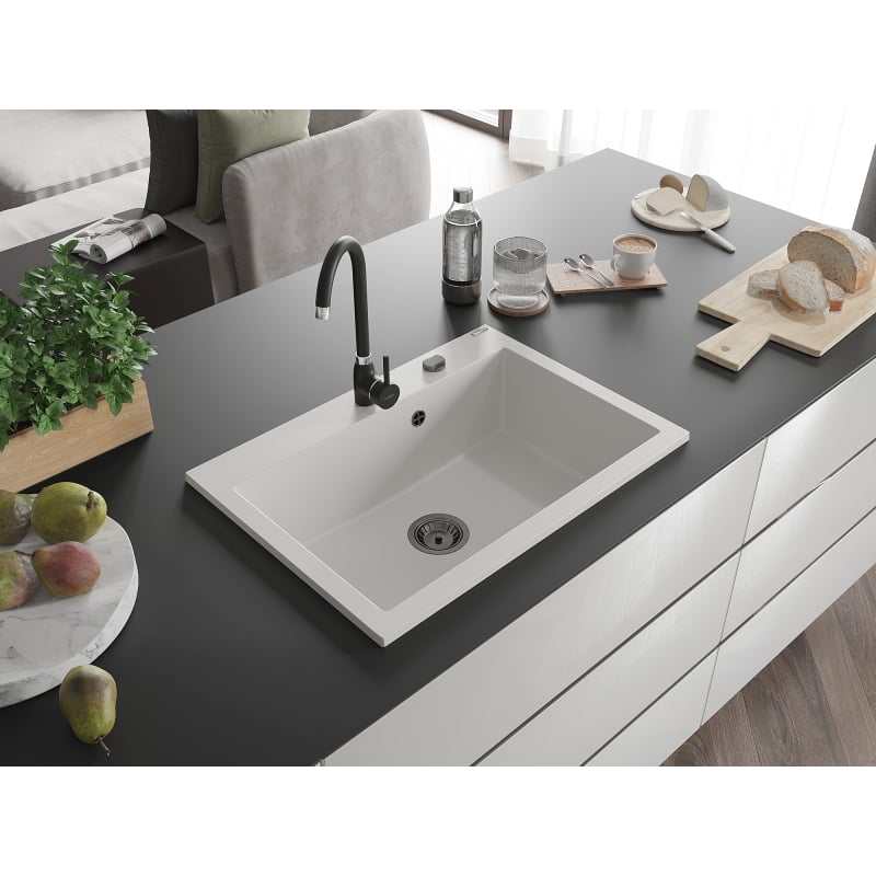 Mexen Elix lava-louça de granito de 1 bacia 700 x 500 mm, branco, sifão preto - 6526701005-20-B