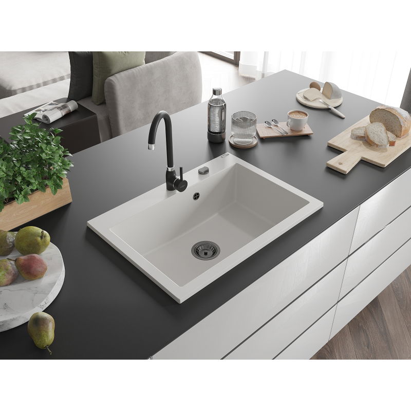 Mexen Elix lavello in granito ad 1 vasca 700 x 500 mm, bianco, sifone nero - 6526701005-20-B