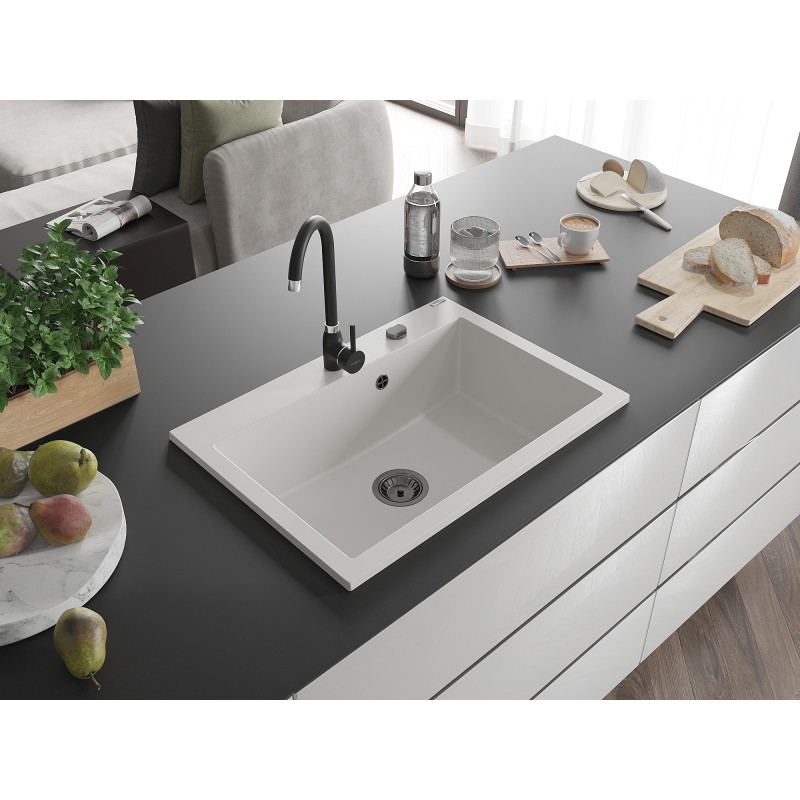 Mexen Elix ühekordne graniidist köögivalamu 700 x 500 mm, valge, must sifoon - 6526701005-20-B