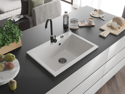 Mexen Elix granitainen izlietne ar vienu nodalījumu 700 x 500 mm, balta, melns sifons - 6526701005-20-B