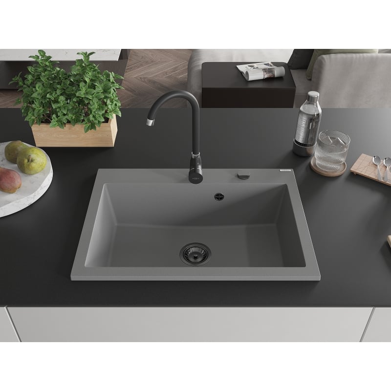 Mexen Elix granite sink 1-bowl 700 x 500 mm, grey, black siphon - 6526701005-71-B