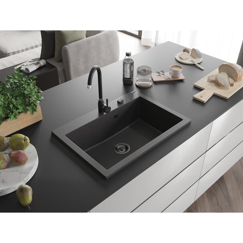 Mexen Elix granite sink 1-bowl 700 x 500 mm, black speckled, black siphon - 6526701005-76-B