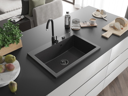 Mexen Elix granieten gootsteen 1-komerig 700 x 500 mm, zwart gespikkeld, zwarte sifon - 6526701005-76-B