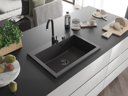 Mexen Elix granitni sudoper s jednom komorom 700 x 500 mm, crni sa točkicama, crni sifon - 6526701005-76-B