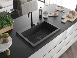 Mexen Elix Granitspüle, 1-beckig, 700 x 500 mm, schwarz gesprenkelt, schwarzer Siphon - 6526701005-76-B