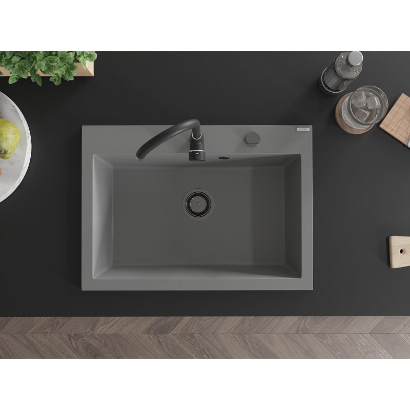 Mexen Elix granieten gootsteen 1-komors 700 x 500 mm, grijs, zwarte sifon - 6526701005-71-B