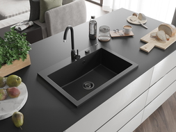 Mexen Elix Granitspüle 1-beckig 700 x 500 mm, schwarz, schwarzer Siphon - 6526701005-77-B