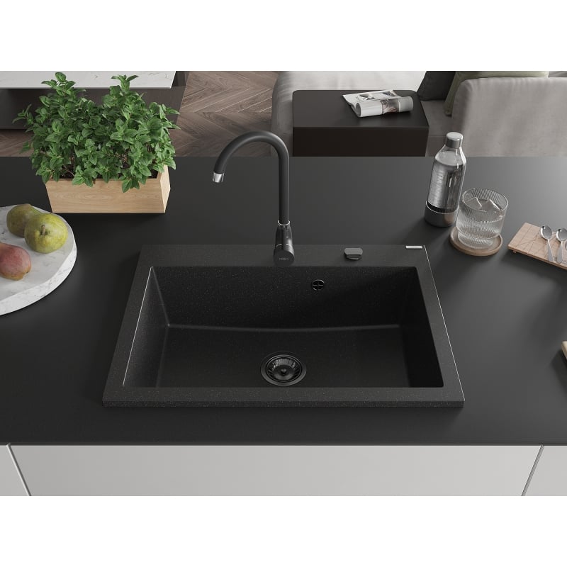 Mexen Elix fregadero de granito de 1 cámara 700 x 500 mm, negro/plateado metálico, sifón negro - 6526701005-73-B
