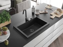 Mexen Elix évier en granit 1 bac 700 x 500 mm, noir/argent métallisé, siphon noir - 6526701005-73-B