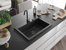 Mexen Elix Granitspüle 1-beckig 700 x 500 mm, schwarz/silber metallic, schwarzer Siphon - 6526701005-73-B