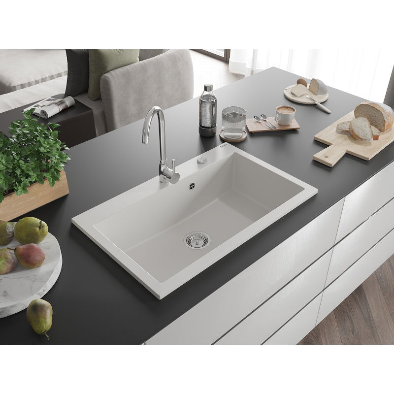 Mexen Elix lavello da cucina in granito 1 vasca 800 x 500 mm, bianco, sifone cromato - 6527801005-20