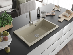 Mexen Elix granitno pomivalno korito z eno posodo 800 x 500 mm, bež, kromiran sifon - 6527801005-69