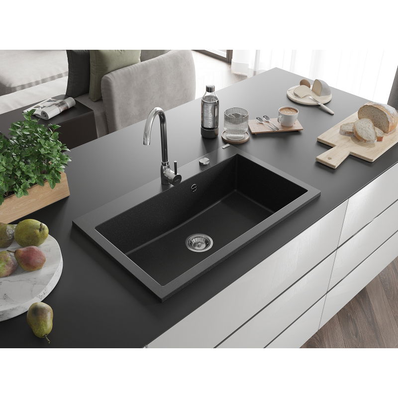 Mexen Elix lavello in granito a 1 vasca 800 x 500 mm, nero/argento metallizzato, sifone cromato - 6527801005-73