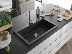 Mexen Elix évier en granit 1 bac 800 x 500 mm, noir/métallisé argent, siphon chromé - 6527801005-73