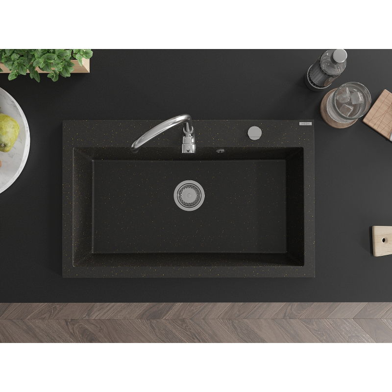 Mexen Elix lavello in granito a 1 vasca 800 x 500 mm, nero/oro metallico, sifone cromato - 6527801005-75