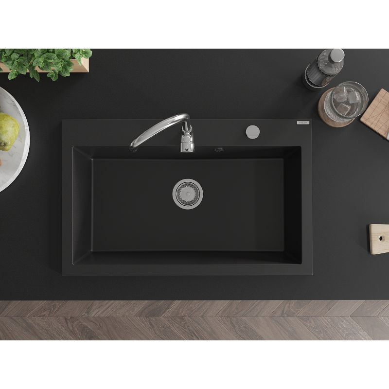 Mexen Elix granieten gootsteen 1-comparteer 800 x 500 mm, zwart, sifon chroom - 6527801005-77