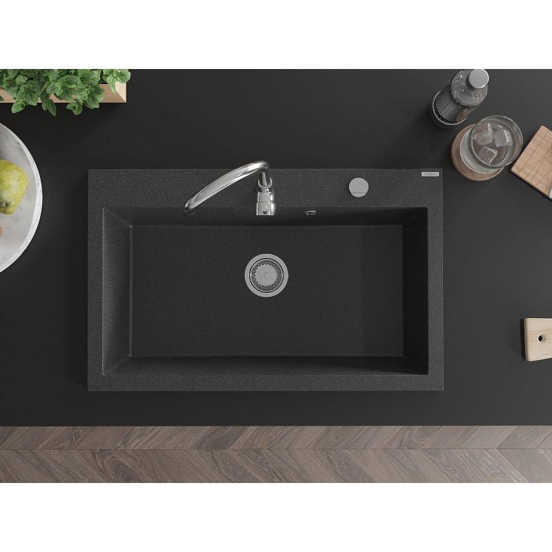 Mexen Elix granieten gootsteen 1-komorige 800 x 500 mm, zwart gespikkeld, sifon chroom - 6527801005-76