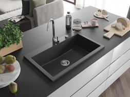 Mexen Elix granitno pomivalno korito z 1 komoro, 800 x 500 mm, črno posuto, kromiran sifon - 6527801005-76