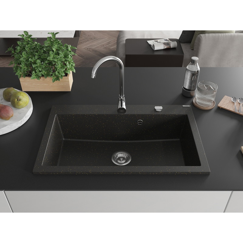 Mexen Elix lavello in granito 1-vasca 800 x 500 mm, nero/oro metallico, sifone cromato - 6527801005-75
