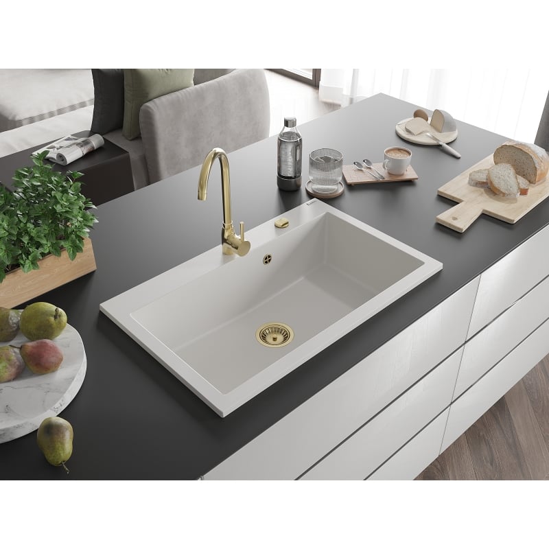 Mexen Elix fregadero de cocina de granito de 1 seno 800 x 500 mm, blanco, sifón dorado - 6527801005-20-G