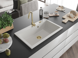 Mexen Elix lavello da cucina in granito 1-vasca 800 x 500 mm, bianco, sifone dorato - 6527801005-20-G