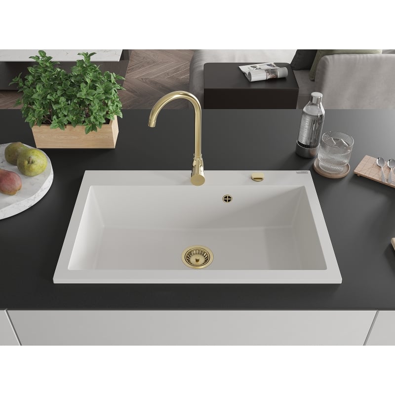 Mexen Elix graniittinen 1-osainen tiskiallas 800 x 500 mm, valkoinen, kultainen sifoni - 6527801005-20-G