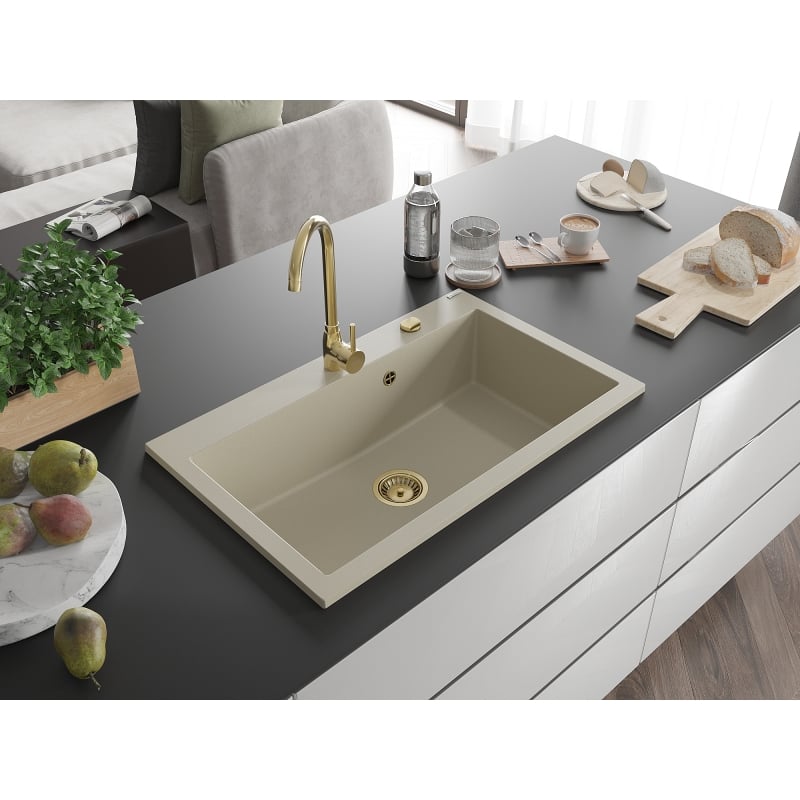 Mexen Elix fregadero de granito de 1 cámara 800 x 500 mm, beige, sifón dorado - 6527801005-69-G