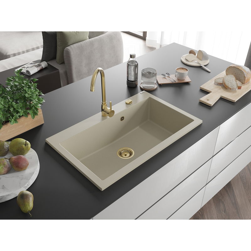 Mexen Elix granitdiskbänk med 1 fack 800 x 500 mm, beige, guld sifon - 6527801005-69-G