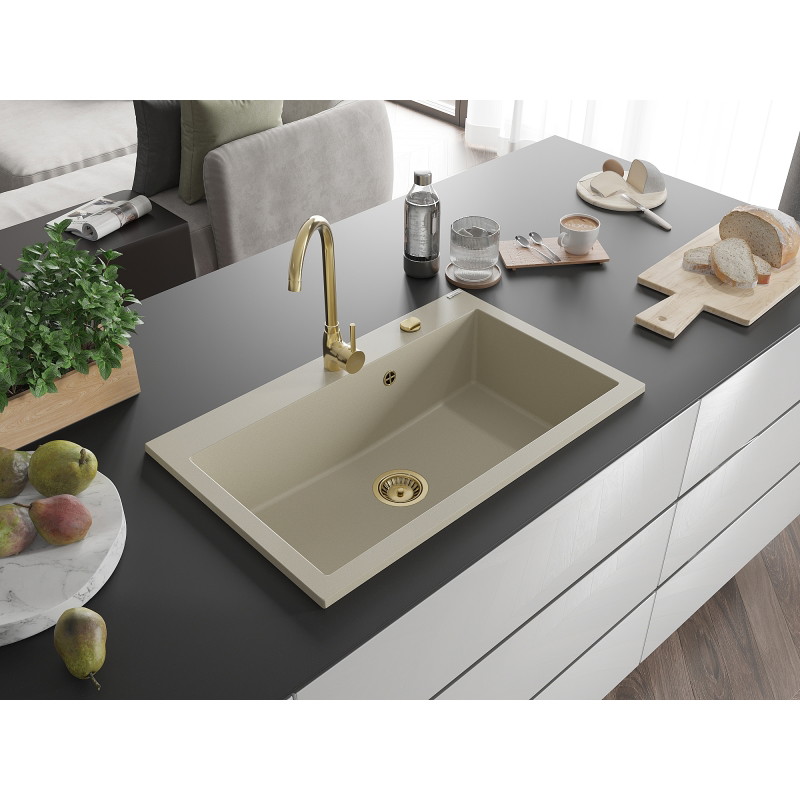 Mexen Elix zlewozmywak granitowy 1-komorowy 800 x 500 mm, beżowy, syfon złoty - 6527801005-69-G