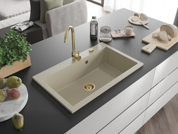 Mexen Elix évier de cuisine 1 bac en granit 800 x 500 mm, beige, bonde dorée - 6527801005-69-G