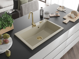 Mexen Elix granieten gootsteen 1-kamer 800 x 500 mm, beige, gouden sifon - 6527801005-69-G