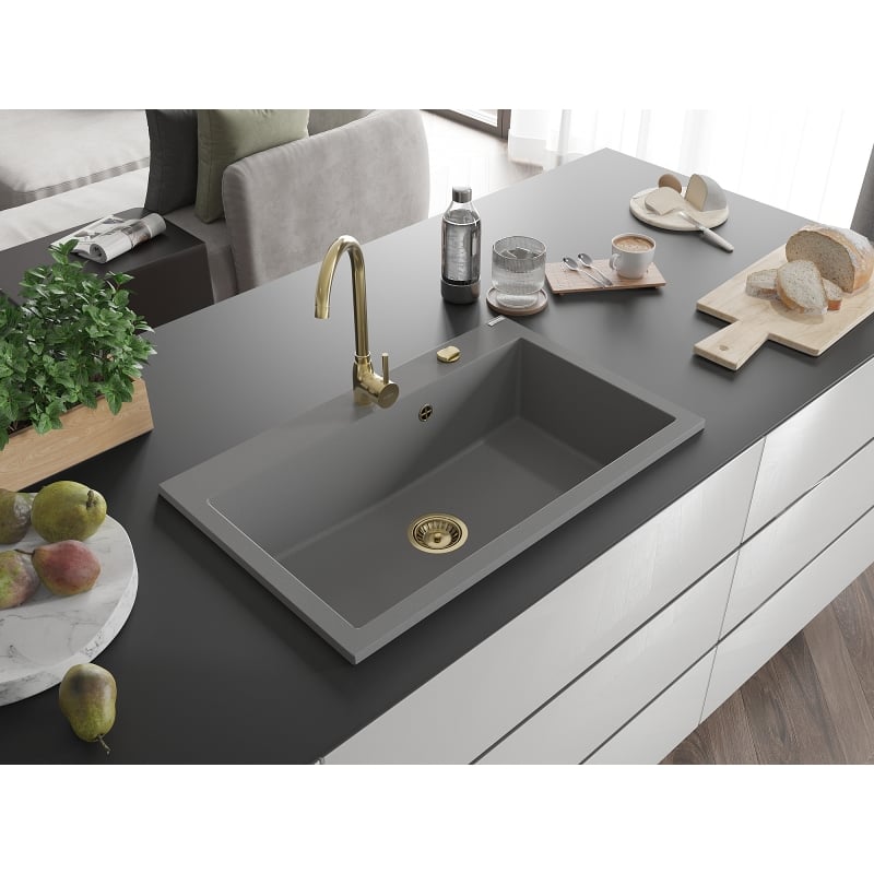 Mexen Elix fregadero de granito de 1 seno 800 x 500 mm, gris, sifón dorado - 6527801005-71-G