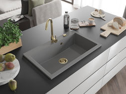 Mexen Elix granieten spoelbak 1-komer 800 x 500 mm, grijs, gouden sifon - 6527801005-71-G