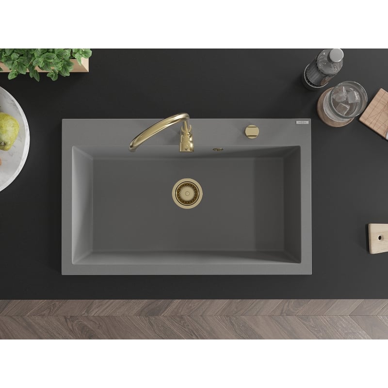 Mexen Elix granite sink 1-bowl 800 x 500 mm, grey, gold siphon - 6527801005-71-G
