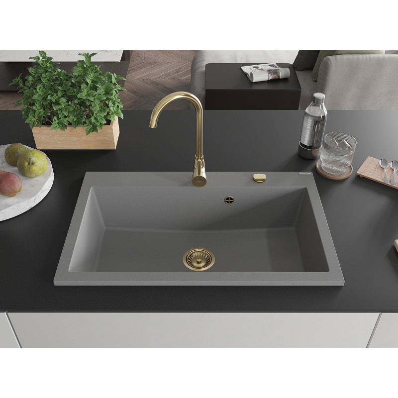 Mexen Elix graniidist 1-kambriline valamu 800 x 500 mm, hall, kuldne sifoon - 6527801005-71-G