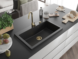 Mexen Elix granieten spoelbak met 1 bak, 800 x 500 mm, zwart/zilver metallic, gouden sifon - 6527801005-73-G