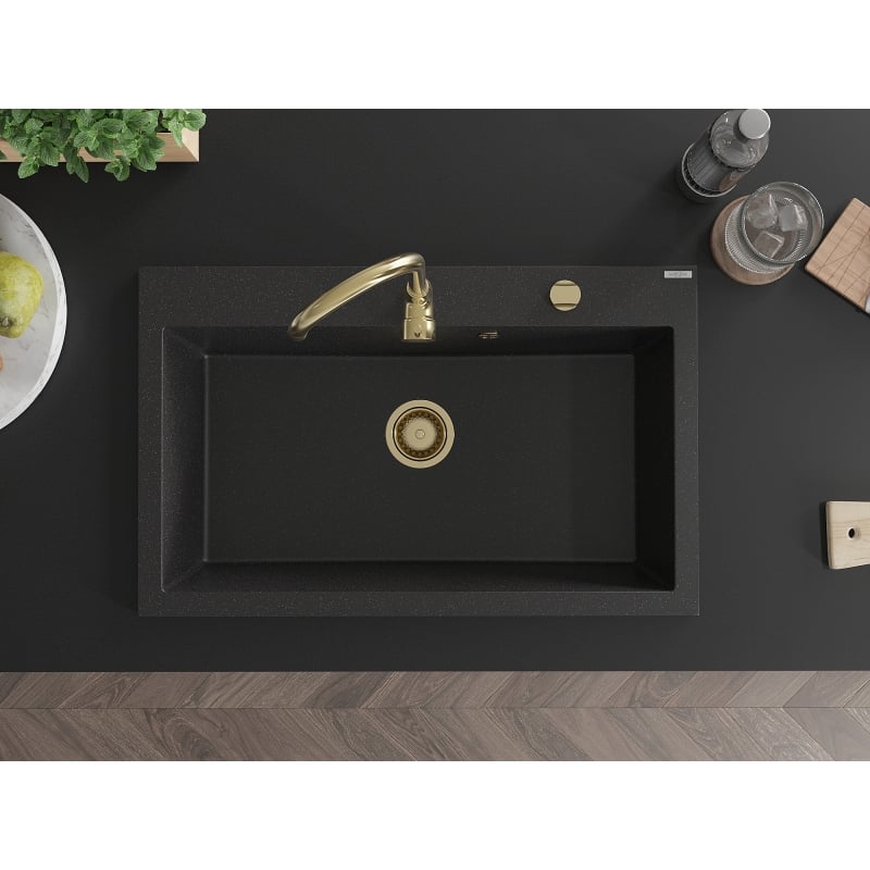 Mexen Elix granite sink 1-bowl 800 x 500 mm, black/silver metallic, gold siphon - 6527801005-73-G