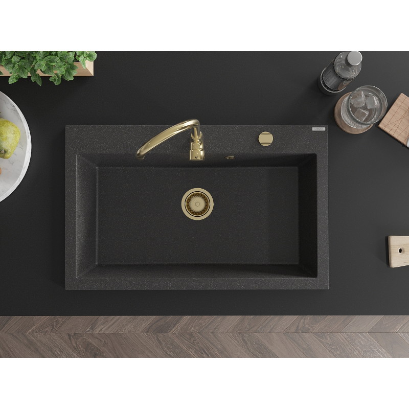 Mexen Elix granitdiskbänk med 1-ho, 800 x 500 mm, svart spräcklig, guldstift - 6527801005-76-G